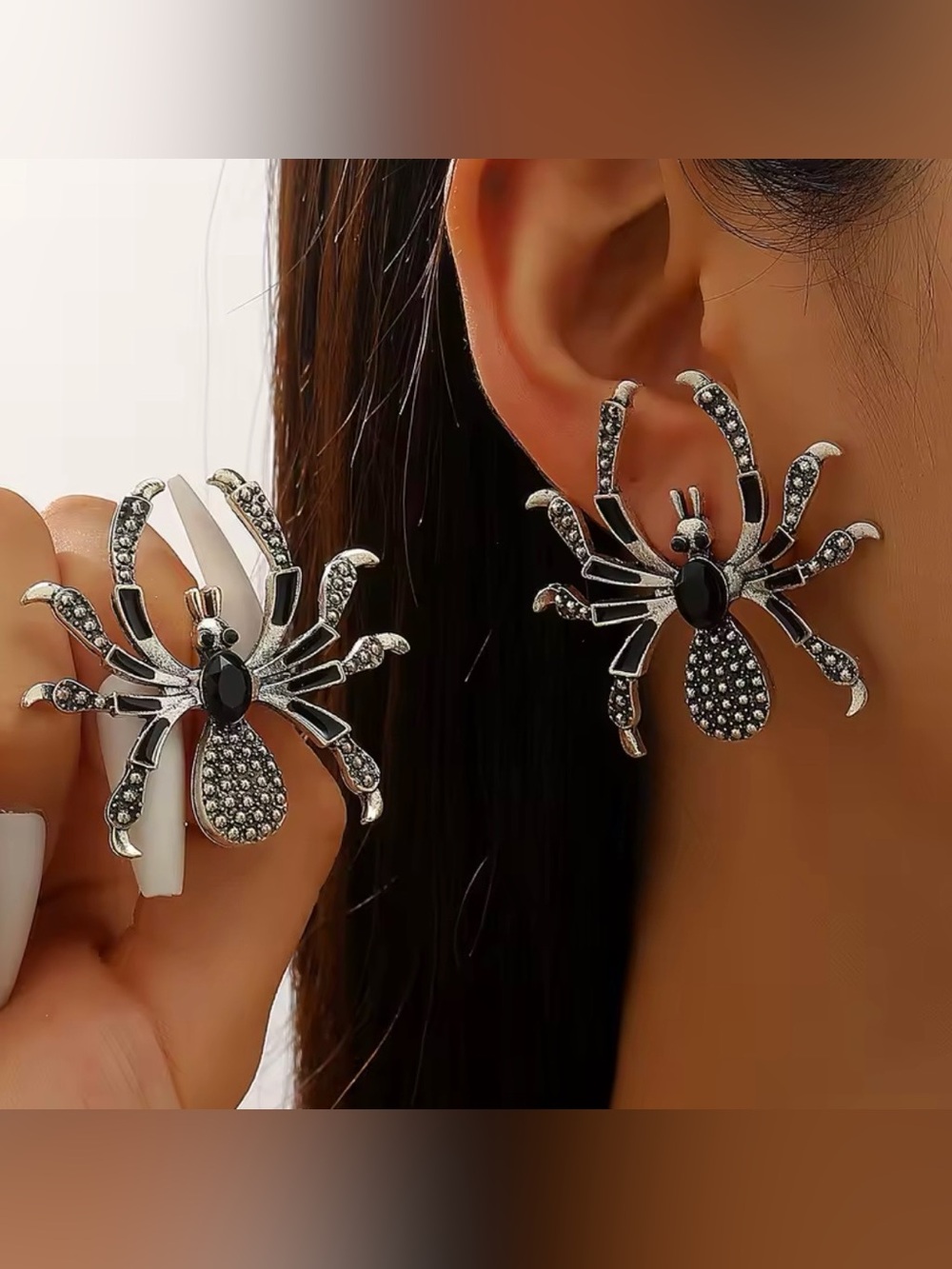 Spider Charm Silver and Black Statement Earrings - Women Jewelry
